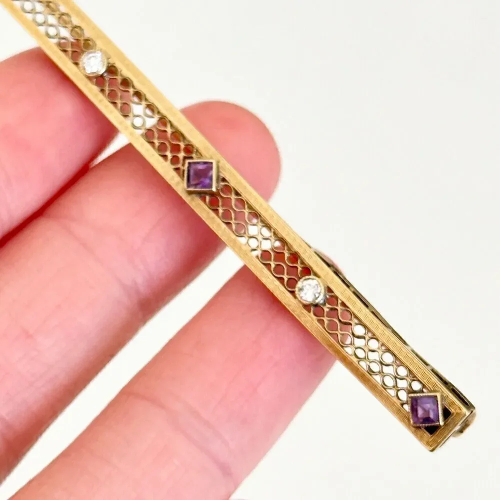 Antique 14K Solid Yellow Gold Intricate Detail Amethyst & Diamond Bar Brooch Pin